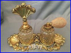 Vintage Ornate Ormolu Gold Filigree Perfume Tray w 2 Glass Perfume Bottles