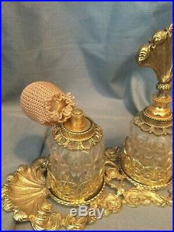 Vintage Ornate Ormolu Gold Filigree Perfume Tray w 2 Glass Perfume Bottles