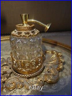 Vintage Ornate Ormolu Gold Filigree Perfume Tray w 3 Glass Perfume Bottles