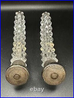 Vintage PAIR Cut Glass Czech Bohemian Perfume Bottles Silver Top Hiawatha NY