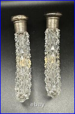 Vintage PAIR Cut Glass Czech Bohemian Perfume Bottles Silver Top Hiawatha NY