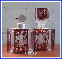 Vintage PAIR Etched Cranberry Art Deco Perfume Bottles