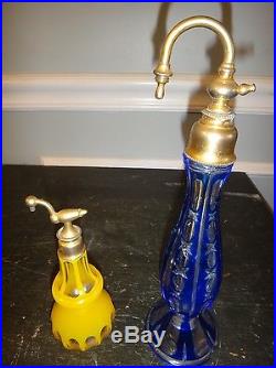 Vintage Pair Czech Crystal Perfume Bottle Atomizer Yellow Cobalt Cut Clear
