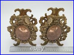 Vintage Pair Ormolu Ornate Filigree Rose Amber Glass Footed Perfume Bottles