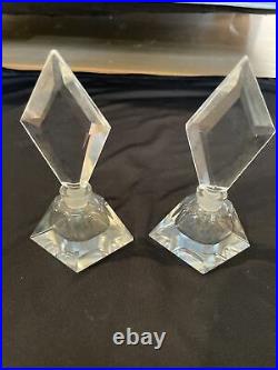 Vintage Pair of Clear Cut Crystal Glass Diamond Perfume Bottles Empty With Stopper