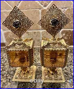 Vintage Pair of Fancy Brass Ormolu and Beveled Glass Perfume with Daubers WOW