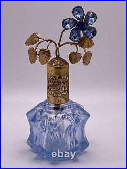 Vintage Perfume Bottle Blue Glass Filigree Rhinestone Flower West Germany