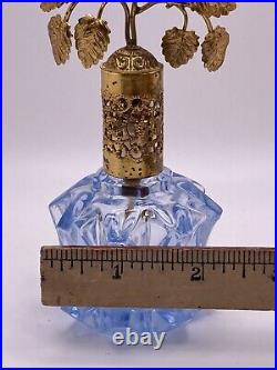 Vintage Perfume Bottle Blue Glass Filigree Rhinestone Flower West Germany