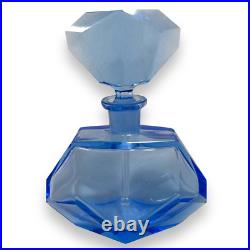 Vintage Perfume Bottle Czech Bohemian Blue Faceted Glass Dauber 6.5 Art Deco