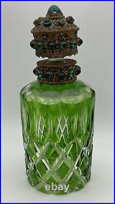 Vintage Perfume Bottle Czech Green Cut Glass Jeweled Filagree Stopper