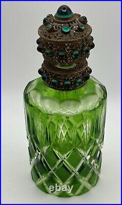 Vintage Perfume Bottle Czech Green Cut Glass Jeweled Filagree Stopper