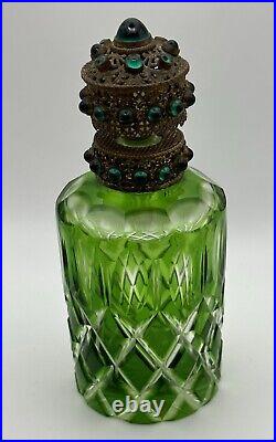 Vintage Perfume Bottle Czech Green Cut Glass Jeweled Filagree Stopper