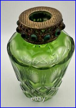 Vintage Perfume Bottle Czech Green Cut Glass Jeweled Filagree Stopper