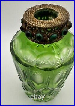 Vintage Perfume Bottle Czech Green Cut Glass Jeweled Filagree Stopper