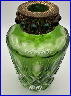 Vintage Perfume Bottle Czech Green Cut Glass Jeweled Filagree Stopper