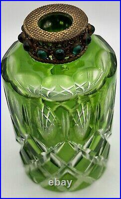 Vintage Perfume Bottle Czech Green Cut Glass Jeweled Filagree Stopper