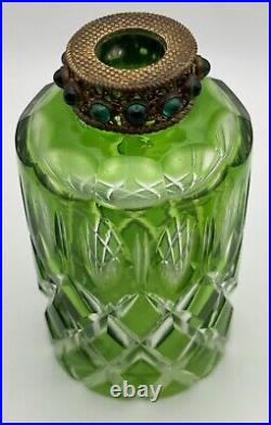 Vintage Perfume Bottle Czech Green Cut Glass Jeweled Filagree Stopper