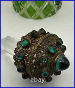 Vintage Perfume Bottle Czech Green Cut Glass Jeweled Filagree Stopper