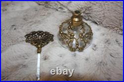 Vintage Perfume Bottle Filigree Vanity Cherub Glass Dauber Gold Floral Ornate
