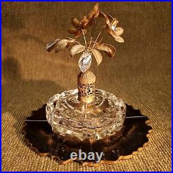 Vintage Perfume Bottle Gold Tone W. Germany Flower Spray & 4 Gold Flaked Costers