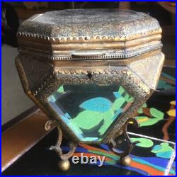Vintage Perfume Bottle Holder Casket Etched Beveled Glass Panels With Bottles