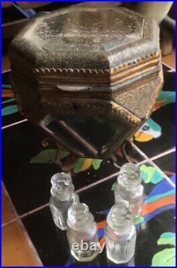 Vintage Perfume Bottle Holder Casket Etched Beveled Glass Panels With Bottles