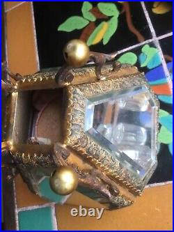 Vintage Perfume Bottle Holder Casket Etched Beveled Glass Panels With Bottles