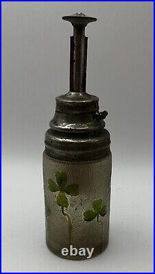 Vintage Perfume Bottle Pumper Textured Glass with Enameled Clovers French Cameo