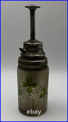 Vintage Perfume Bottle Pumper Textured Glass with Enameled Clovers French Cameo