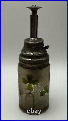 Vintage Perfume Bottle Pumper Textured Glass with Enameled Clovers French Cameo