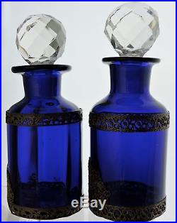 Vintage Perfume Bottle/decanter Vanity Cobalt Blue Glass Bronze Open Work Ormolu