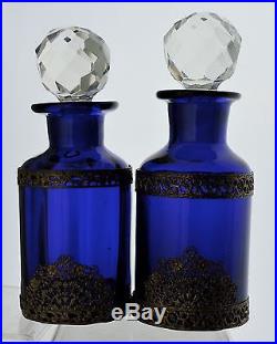 Vintage Perfume Bottle/decanter Vanity Cobalt Blue Glass Bronze Open Work Ormolu
