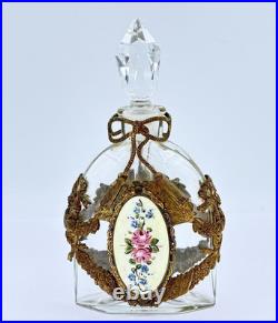 Vintage Perfume Bottle with Floral Enamel Gold Plated Bows, Tassels & Ribbons