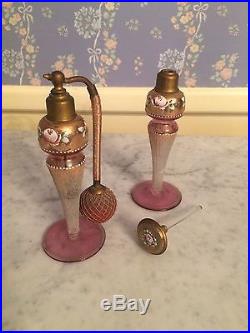 Vintage Perfume Bottles Cranberry Glass Hand painted Roses Czech