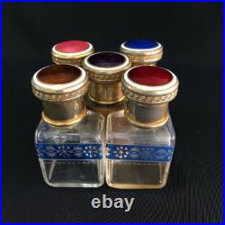 Vintage Perfume Bottles Set Enamel Cloisonné Lid 20 Century Glass Collectible