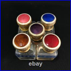 Vintage Perfume Bottles Set Enamel Cloisonné Lid 20 Century Glass Collectible
