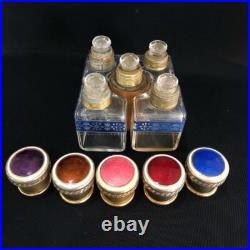 Vintage Perfume Bottles Set Enamel Cloisonné Lid 20 Century Glass Collectible
