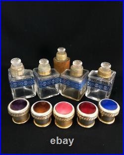 Vintage Perfume Bottles Set Enamel Cloisonné Lid 20 Century Glass Collectible