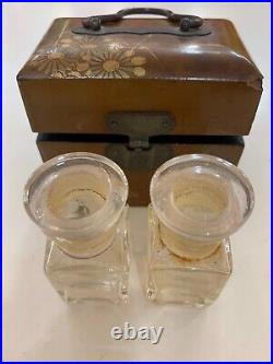 Vintage Perfume Box With Gold Paint & 2 Clear Glass Perfume Bottles Rare Antique