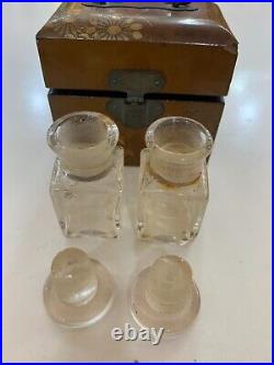 Vintage Perfume Box With Gold Paint & 2 Clear Glass Perfume Bottles Rare Antique