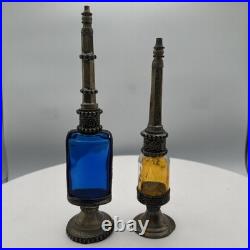 Vintage Persian Rosewater Sprinkler Bottles Cobalt Amber Glass Ornate Metal Set