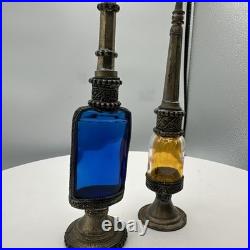 Vintage Persian Rosewater Sprinkler Bottles Cobalt Amber Glass Ornate Metal Set