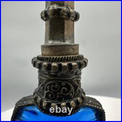 Vintage Persian Rosewater Sprinkler Bottles Cobalt Amber Glass Ornate Metal Set