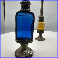 Vintage Persian Rosewater Sprinkler Bottles Cobalt Amber Glass Ornate Metal Set