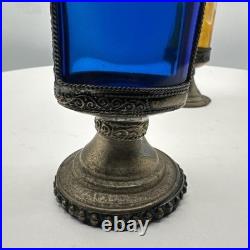 Vintage Persian Rosewater Sprinkler Bottles Cobalt Amber Glass Ornate Metal Set