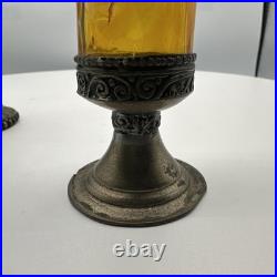 Vintage Persian Rosewater Sprinkler Bottles Cobalt Amber Glass Ornate Metal Set