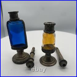 Vintage Persian Rosewater Sprinkler Bottles Cobalt Amber Glass Ornate Metal Set