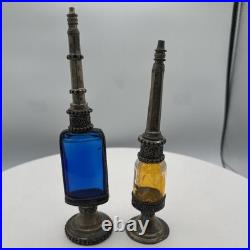 Vintage Persian Rosewater Sprinkler Bottles Cobalt Amber Glass Ornate Metal Set