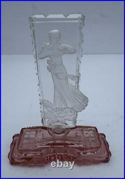 Vintage Pink & Clear Glass Czech Perfume Bottle Woman Art Deco Intaglio Stopper