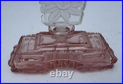 Vintage Pink & Clear Glass Czech Perfume Bottle Woman Art Deco Intaglio Stopper